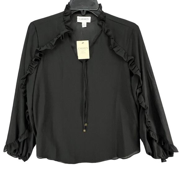 Carmen Marc Valvo Top Womens S Black Chiffon Ruffle Lightweight Coquette Blouse - Picture 1 of 16